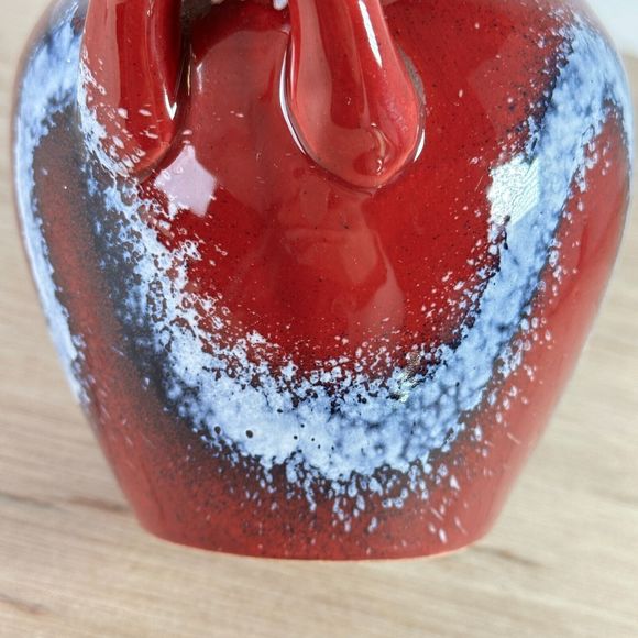 Studio Art Pottery Vase Two Handles Red Navy White Drip Glaze Splatter Squiggly - Picture 13 of 14